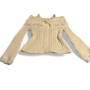 Romwe Off Shoulder Lace Trim Knit Sweater Cream Cable Knit Long Sleeve Top M